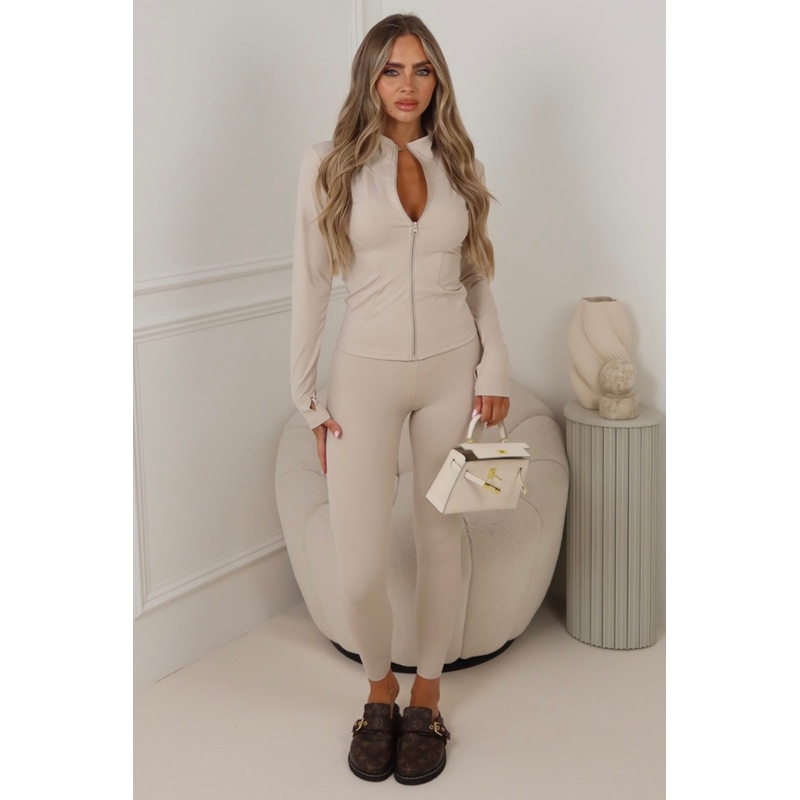 Carly beige zip jacket and legging activewear