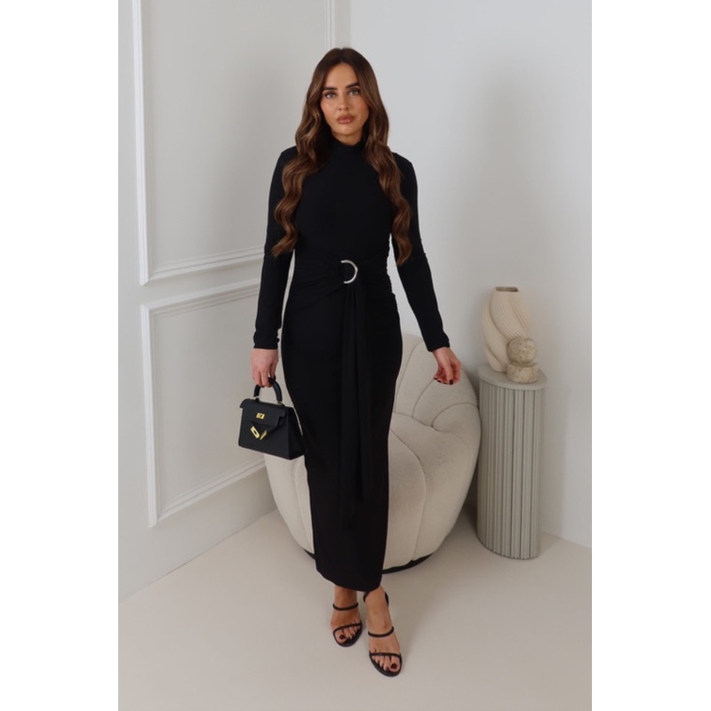 MERCY BLACK LONG HIGH NECK GOLD BUCKLE DRAPE DRESS
