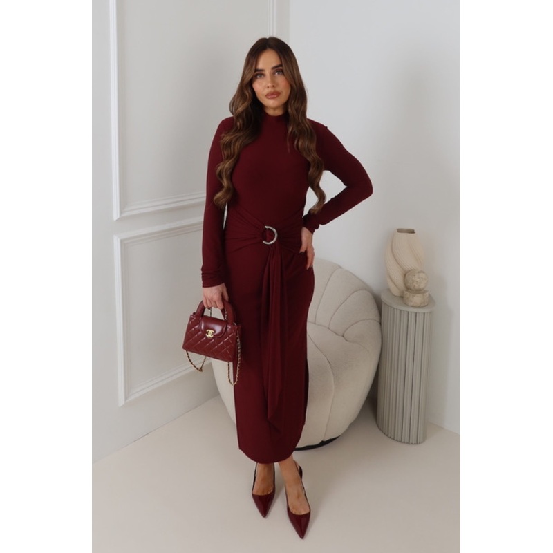 MERCY BURGUNDY LONG HIGH NECK GOLD BUCKLE DRAPE DRESS