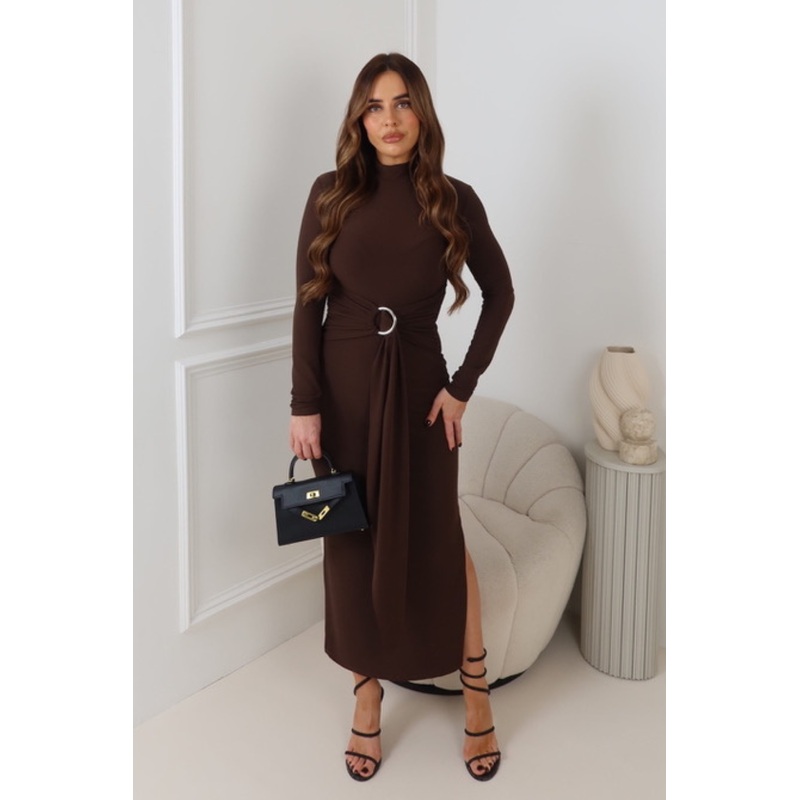 MERCY CHOCOLATE LONG HIGH NECK GOLD BUCKLE DRAPE DRESS