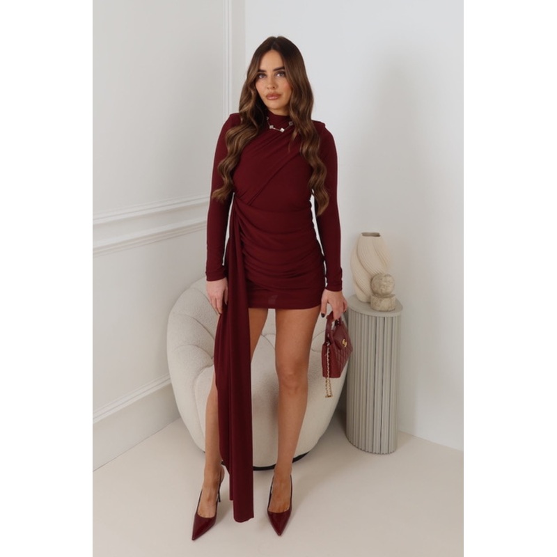 MILAN BURGUNDY DRAPE HIGH NECK LONG SLEEVE DRESS