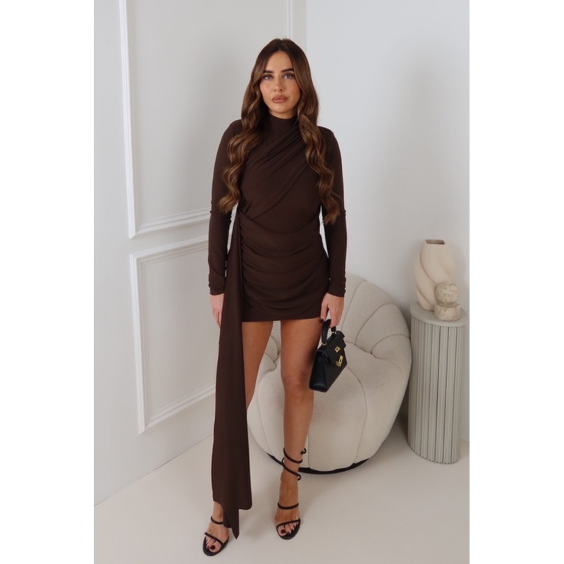 MILAN CHOCOLATE DRAPE HIGH NECK LONG SLEEVE  DRESS