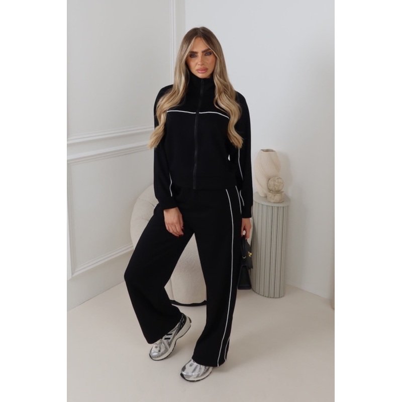 NAVEAH BLACK PIPING ZIP JACKET & TROUSER LOUNGWEAR