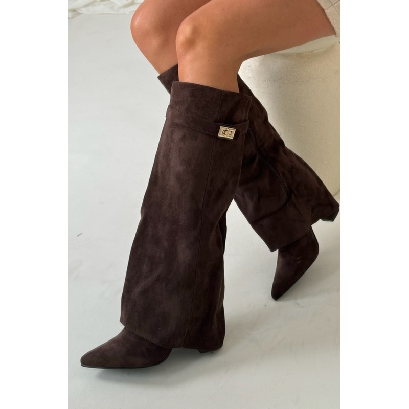 Harley chocolate faux suede knee high fold over heel boots