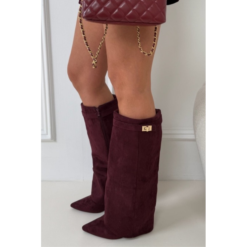 HARLEY WINE SUEDE KNEE HIGH FOLD OVER HEEL BOOTS