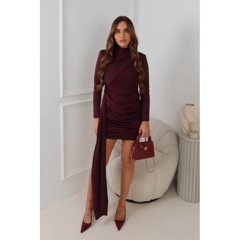 JANEL DARK CHERRY DRAPE HIGH NECK LONG SLEEVE DRESS