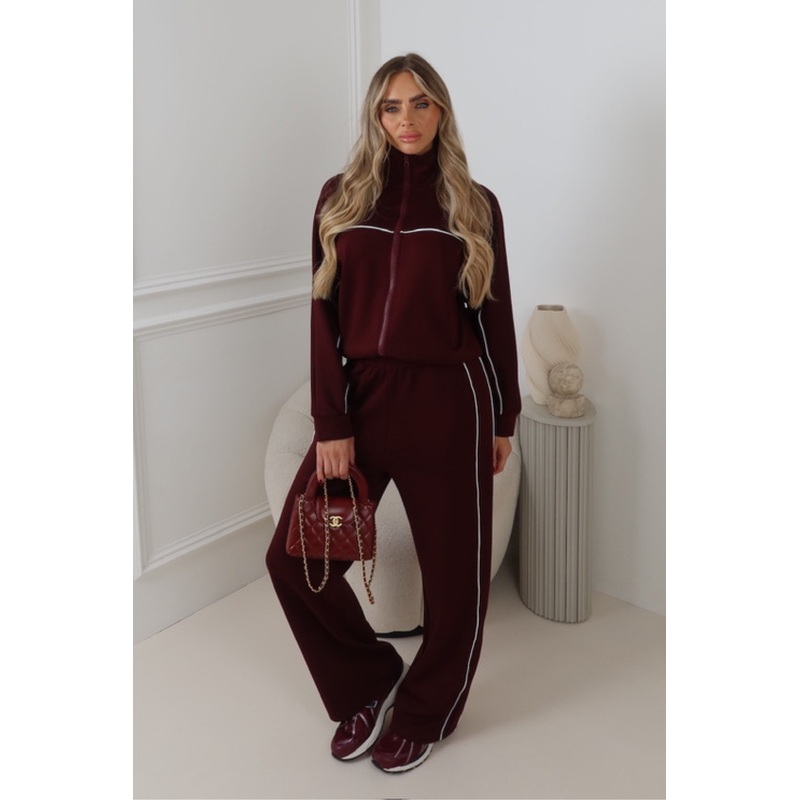 NAVEAH BURGUNDY PIPING ZIP JACKET & TROUSER LOUNGWEAR