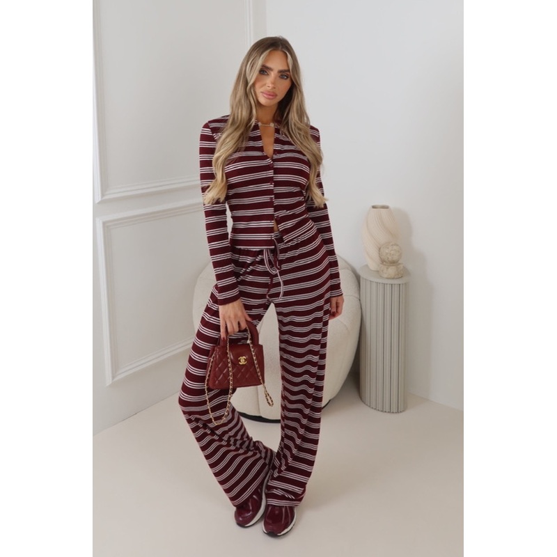 THEADORA BURGUNDY STRIPED CARDIGAN & DRAWSTRING PANTS CO-ORD