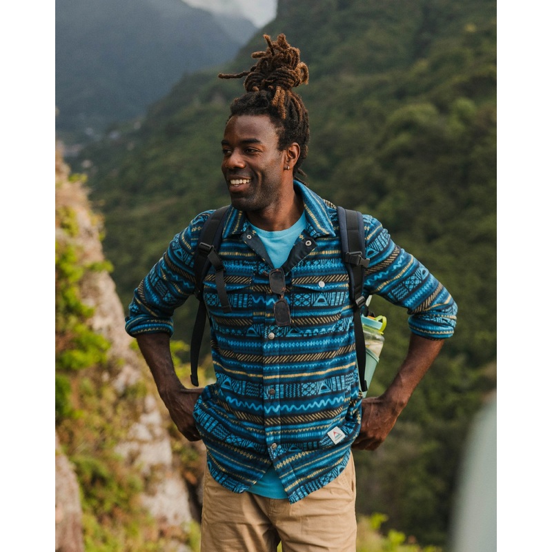 Maple Polar Recycled Fleece Shirt - Patchwork Stripe Tidal Blue