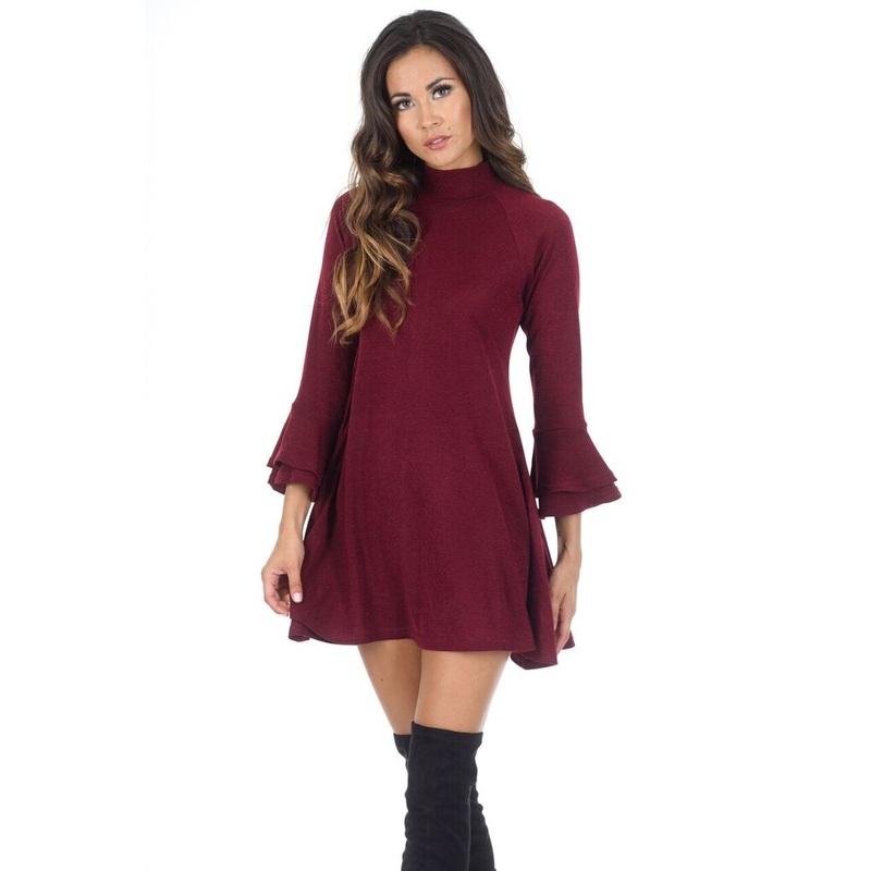 Wine High Neck A-line Dress With Flared Cuffs