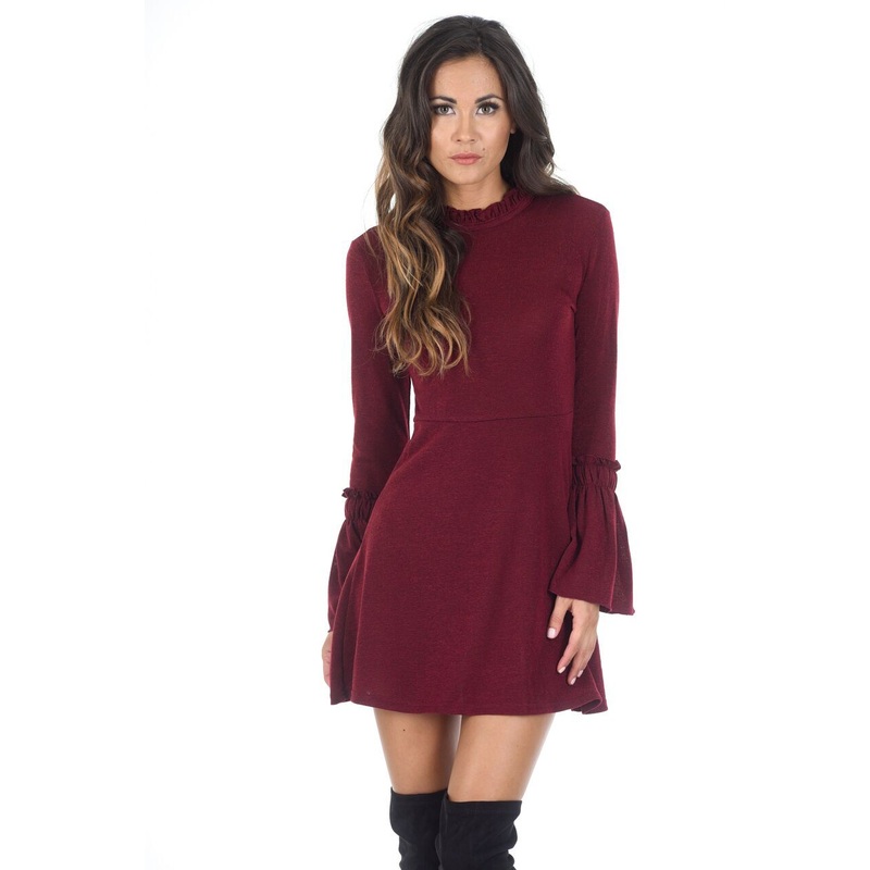 Wine High Neck Bell Sleeve Tunic