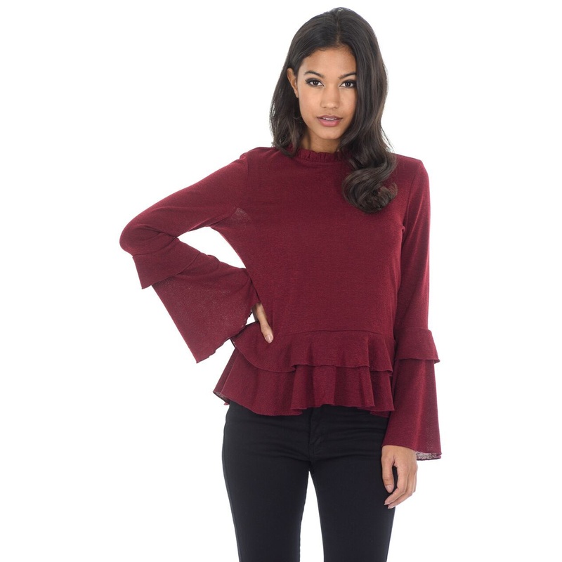 Wine High Neck Frill Top
