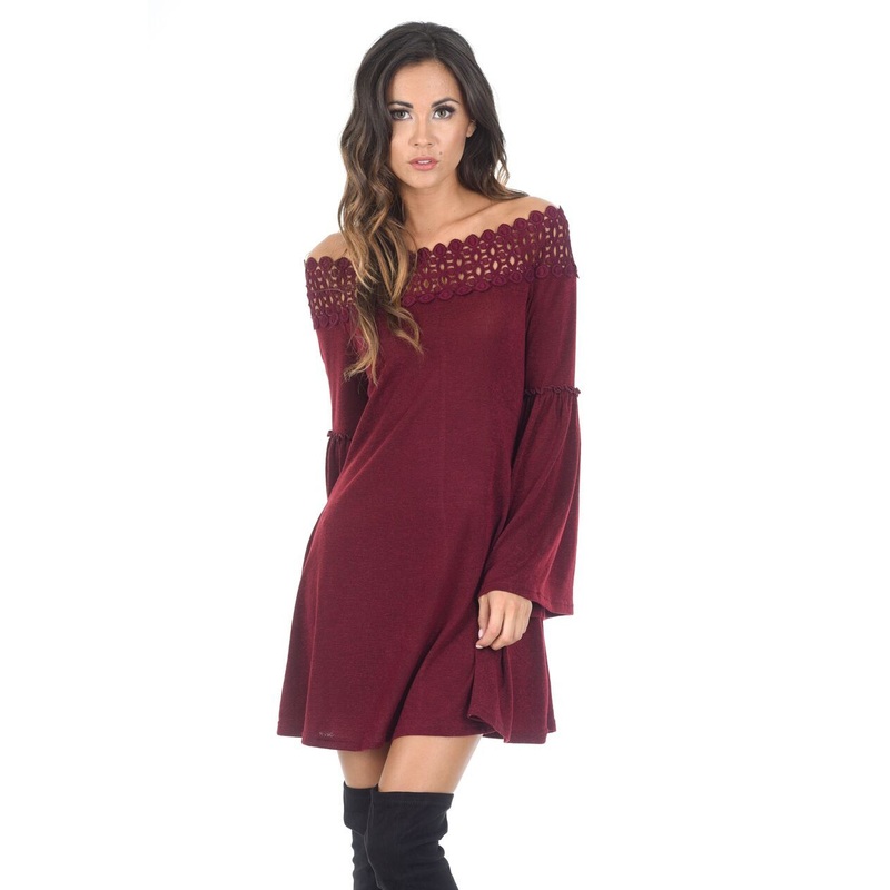 Wine Off The Shoulder Frill Swing Dress