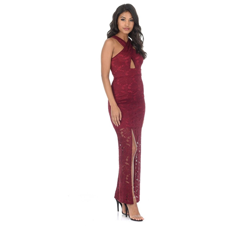 Wine Lace Maxi Dress With A Thigh High Split