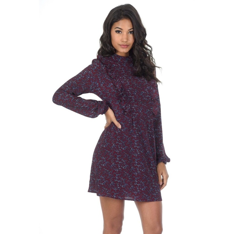 Wine Long Sleeve Frill Detail Skater Dress