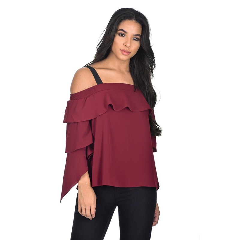 Wine Off The Shoulder Frill Top