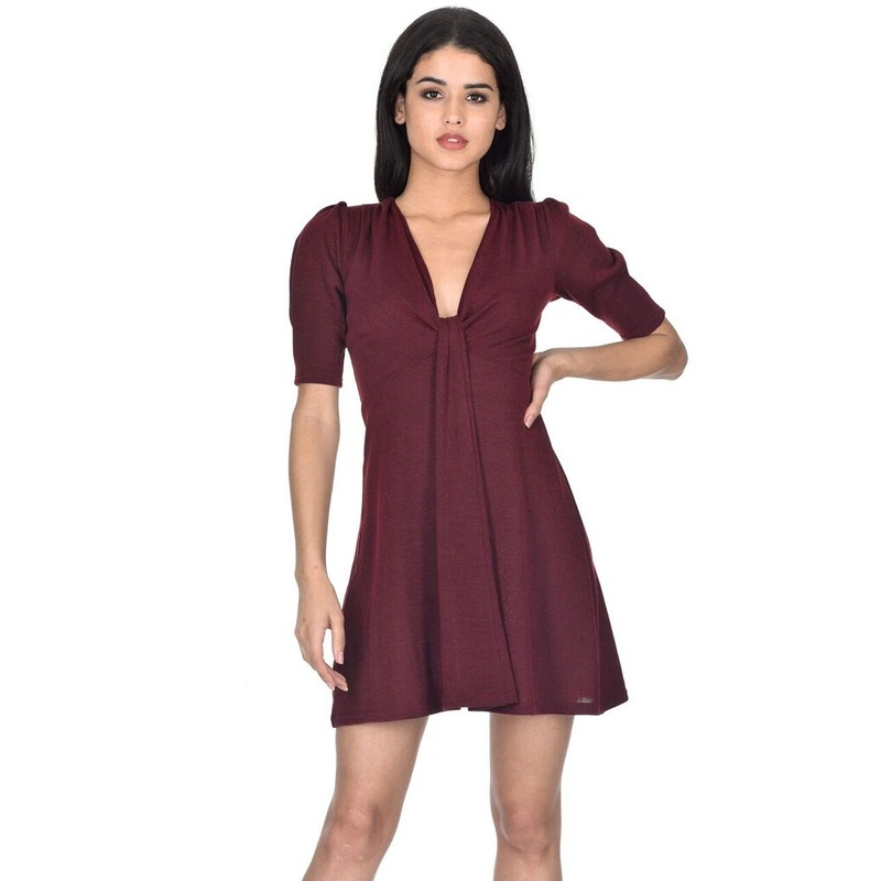 Wine Knitted Knot Front Dress