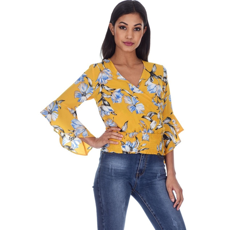 Yellow Floral Top With Flared Sleeves