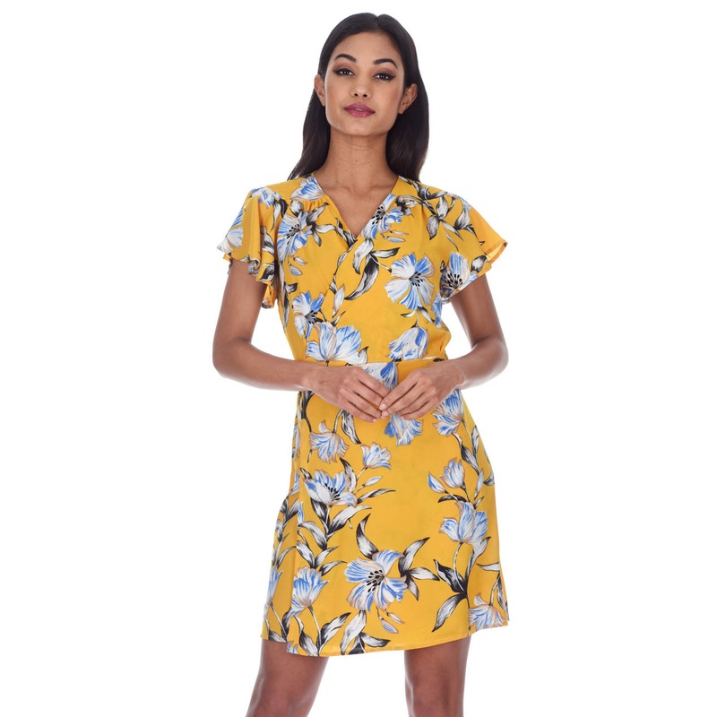 Yellow Floral Wrap Dress With Ruffled Sleeves