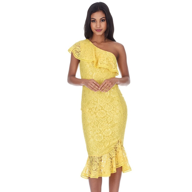 Yellow Lace One Shoulder Frill Detail Midi Dress