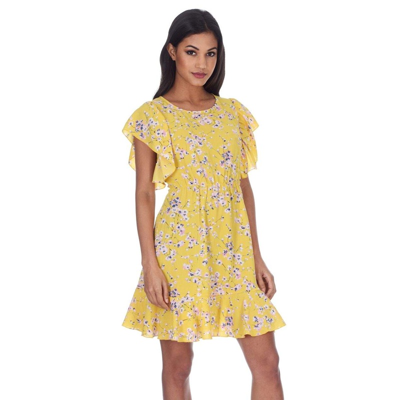 Yellow Floral Frill Detail Mini Dress