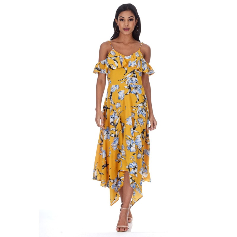 Yellow Floral Print Asymmetric Hem Dress
