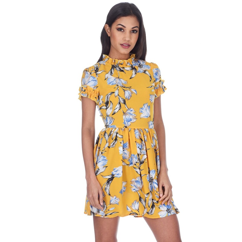 Yellow Floral Print Frill Detail Mini Dress
