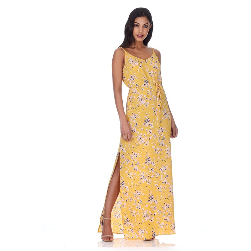 Yellow Floral Print Thigh Split Maxi Dress