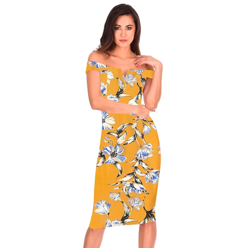 Yellow Floral Bardot Bodycon Dress
