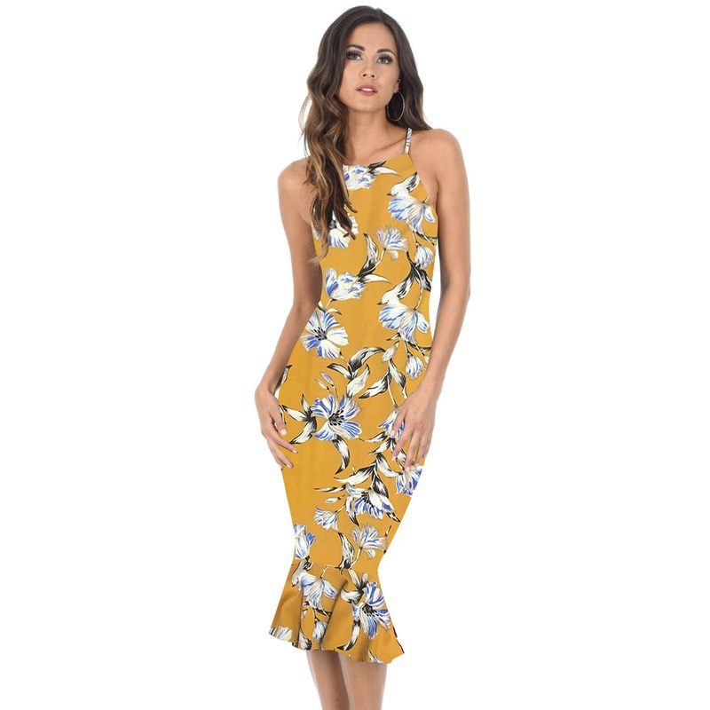 Yellow Floral Bodycon Midi Dress With Frill Hem