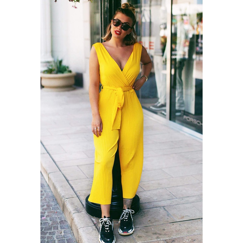 Yellow Culotte Pleated Tie-Waist Jumpsuit