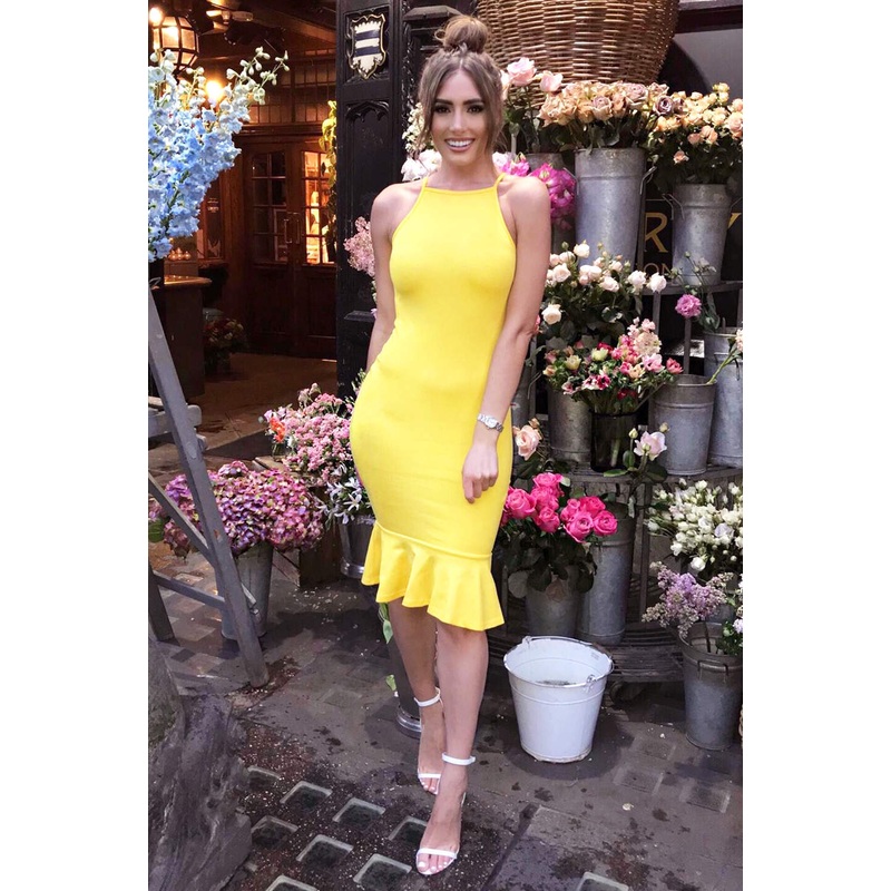 Yellow Bodycon Midi Dress With Frill Hem