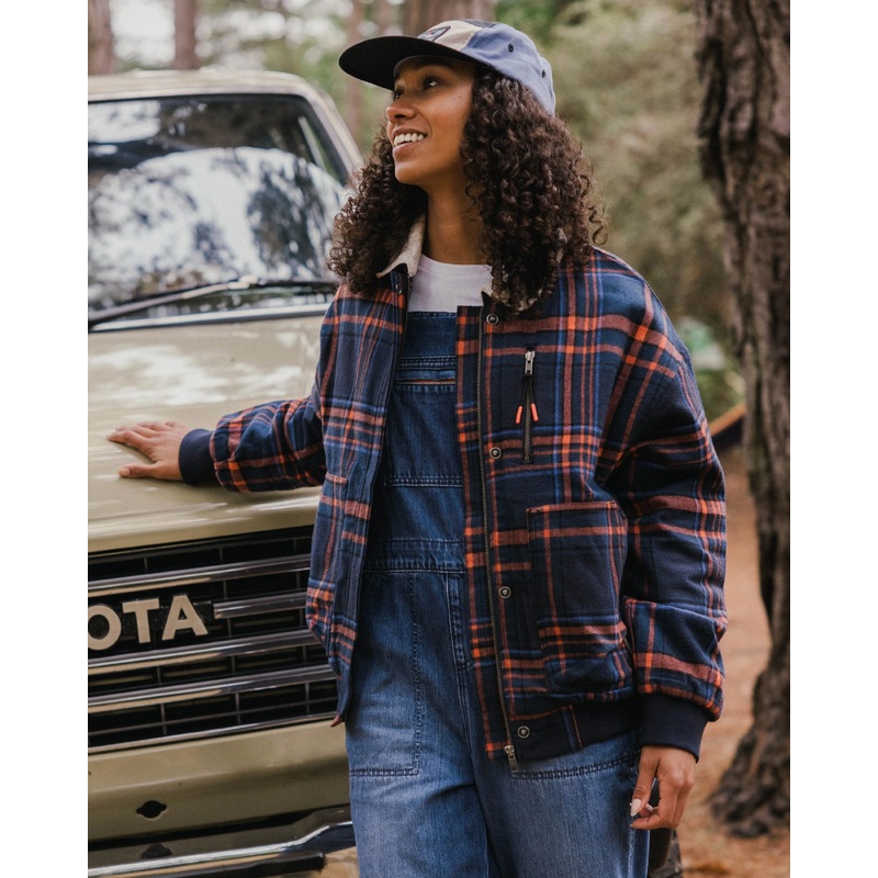 On The Go Insulated Bomber Jacket - Rich Navy/Ember Orange Check