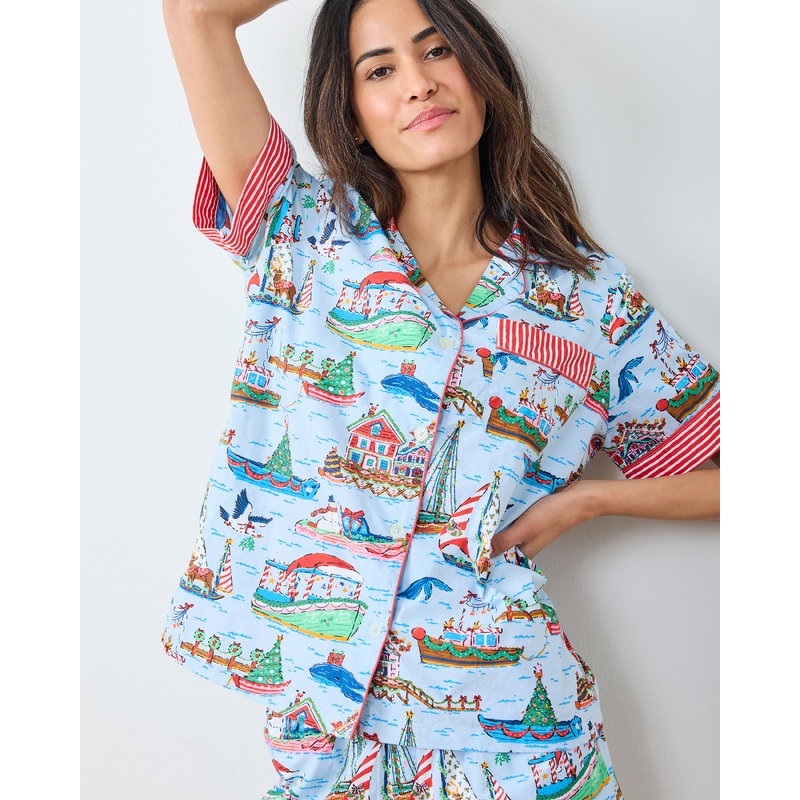 Sugar Plum Ferry - Short PJ Set - Blue Sailboat